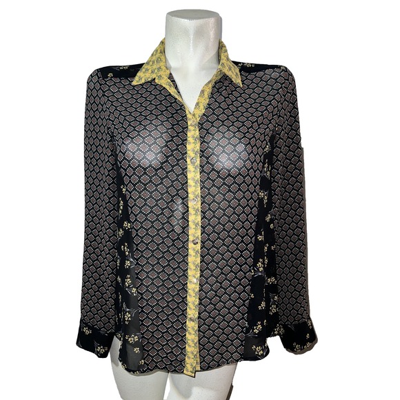 DR2 Tops - DR2 Womens Small Mixed Print Button Up Blouse Black Yellow Floral Geometric Top